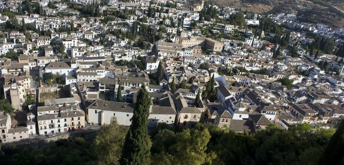 The Alhambra above Granada seen across the Darro valley from the Albaicín